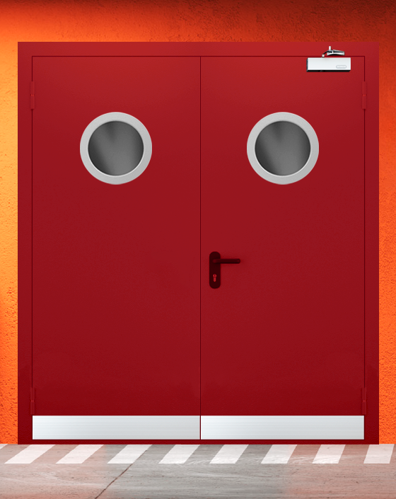 Противопожарная двупольная красная дверь EIWS 90 с круглым окном, узким отбойником