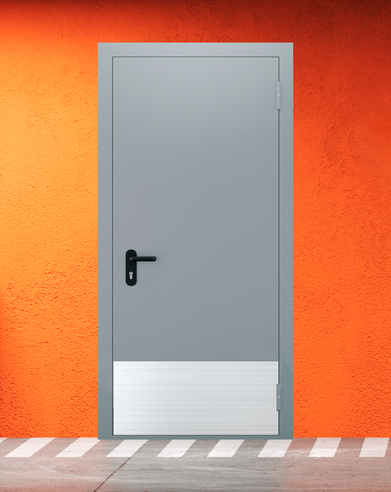 Противопожарная однопольная серая дверь EI 30 (3-го типа) без доводчика с широким отбойником