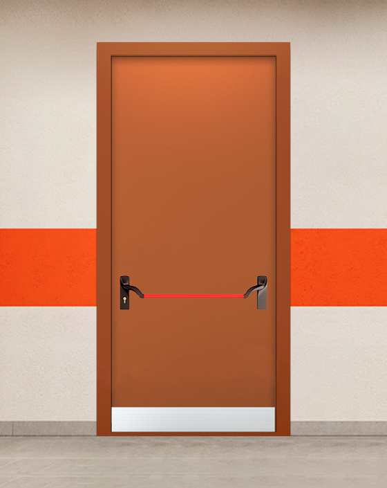 Противопожарная однопольная коричневая дверь EIW 60 без доводчика с ручкой антипаника, узким отбойником