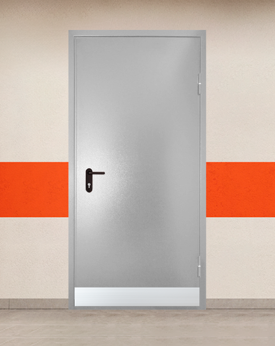 Противопожарная однопольная серая дверь порошковым напылением EI 45 без доводчика с узким отбойником