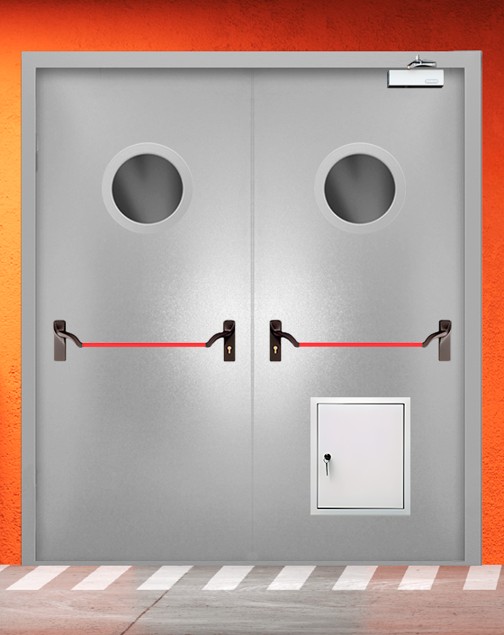 Противопожарная двупольная серая дверь порошковым напылением EIS 30 с ручкой антипаника, круглым окном, стыковочным узлом