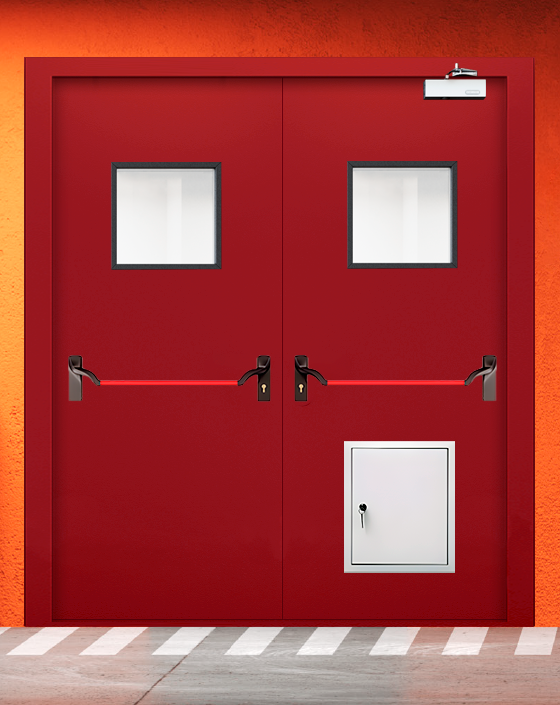 Противопожарная двупольная красная дверь EIW 45 с ручкой антипаника, квадратным окном, стыковочным узлом