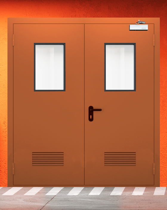 Противопожарная двупольная коричневая дверь EIS 60 с прямоугольным окном, прямоугольной решеткой