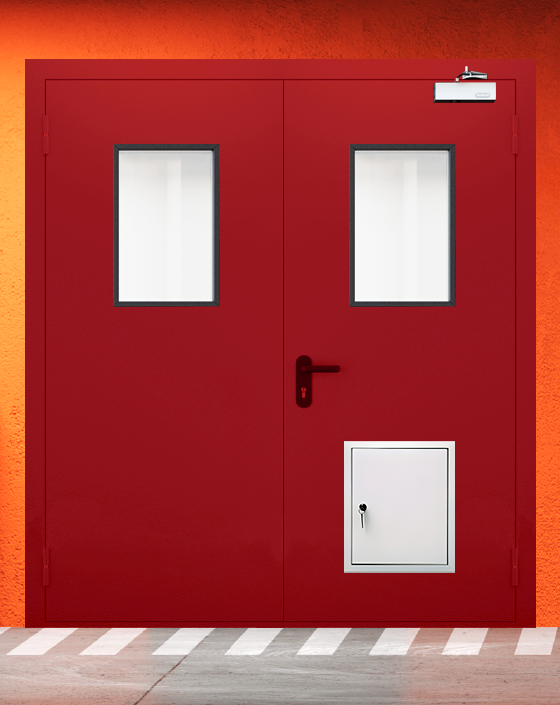 Противопожарная двупольная красная дверь EIWS 90 с прямоугольным окном, стыковочным узлом