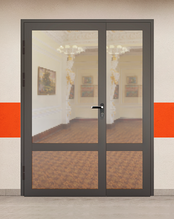 Противопожарная полуторная светопрозрачная стальная коричневая дверь EIW 60 без доводчика с блестящей ручкой