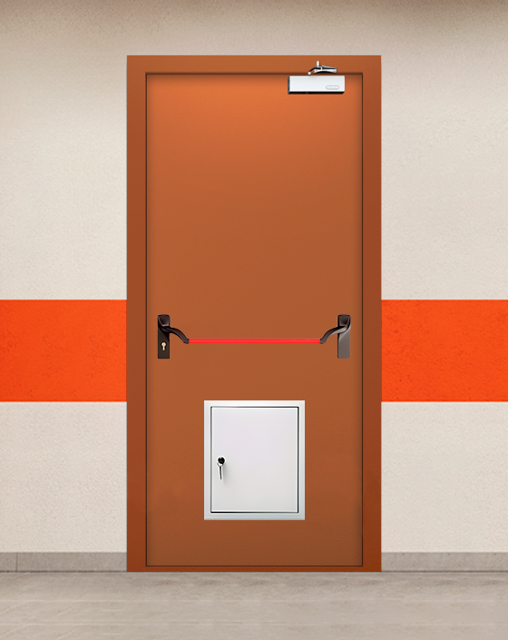 Противопожарная однопольная коричневая дверь EIW 60 с ручкой антипаника, стыковочным узлом