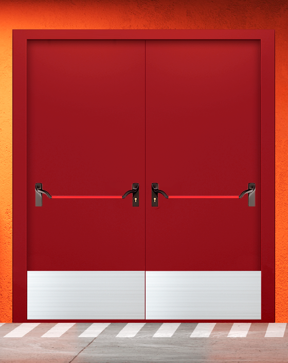 Противопожарная двупольная красная дверь EIW 45 без доводчика с ручкой антипаника, широким отбойником