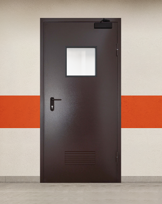 Противопожарная однопольная коричневая дверь порошковым напылением EI 90 с квадратным окном, прямоугольной решеткой