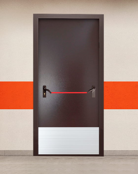 Противопожарная однопольная коричневая дверь порошковым напылением EIWS 45 без доводчика с ручкой антипаника, широким отбойником
