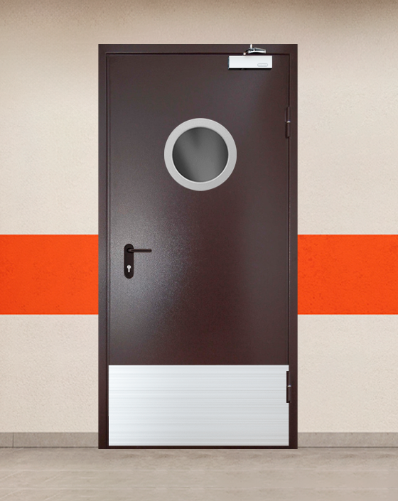Противопожарная однопольная коричневая дверь порошковым напылением EIS 30 с круглым окном, широким отбойником