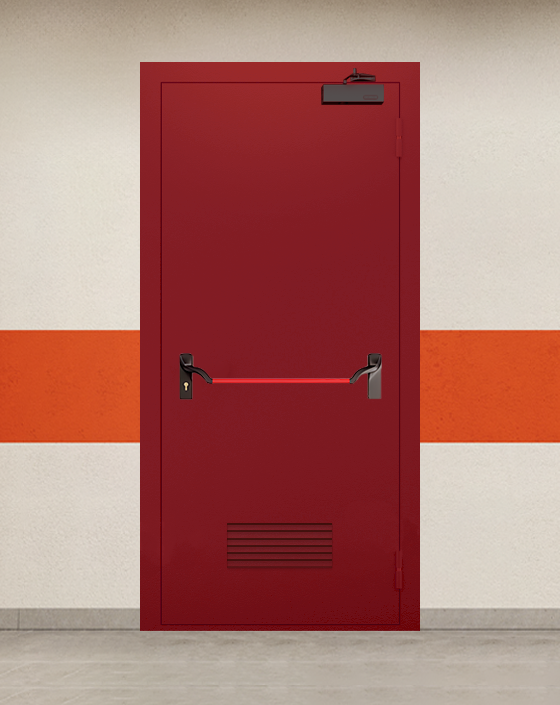 Противопожарная однопольная красная дверь EI 90 с ручкой антипаника, прямоугольной решеткой