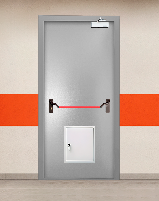 Противопожарная однопольная серая дверь порошковым напылением EIS 45 с ручкой антипаника, стыковочным узлом