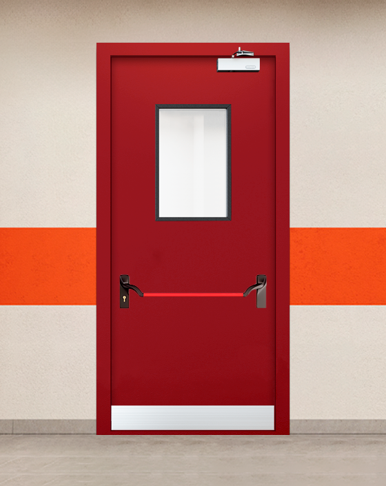 Противопожарная однопольная красная дверь EIWS 60 с ручкой антипаника, прямоугольным окном, узким отбойником